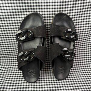 Tory Burch Adrien Chain Slide Sandals Black Leather Women’s Designer Slides 8.5